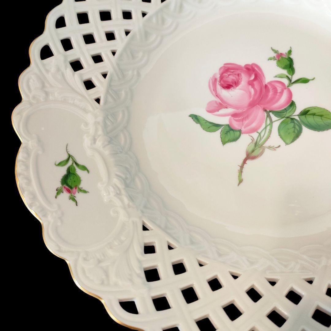 特大サイズ■27㎝ マイセン ピンクローズ 金彩エッジ オープンワーク １級品