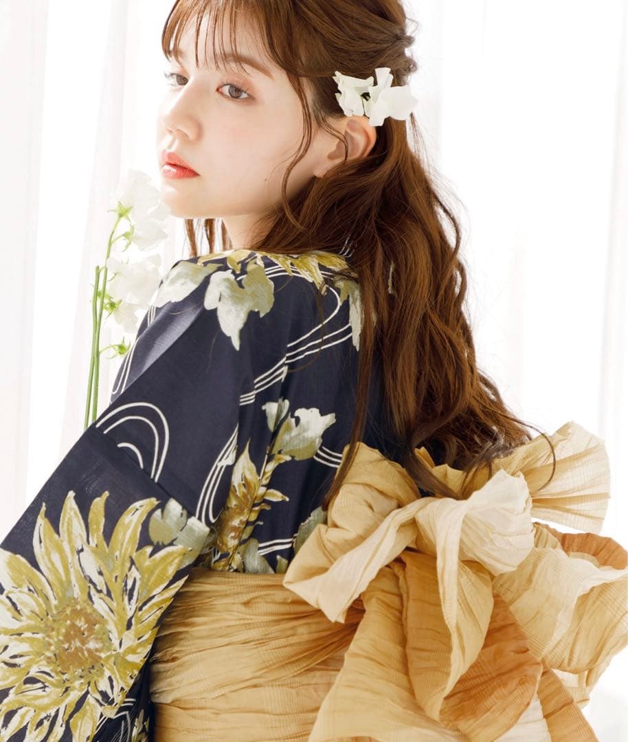 ネイビー花柄浴衣・帯セット