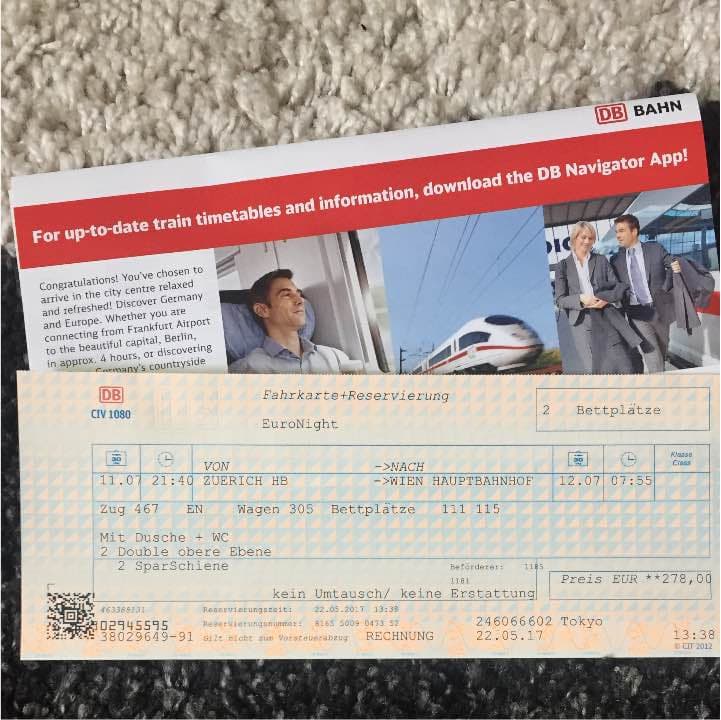 鉄道チケット チューリヒ(スイス)→ウィーン(オーストリア)