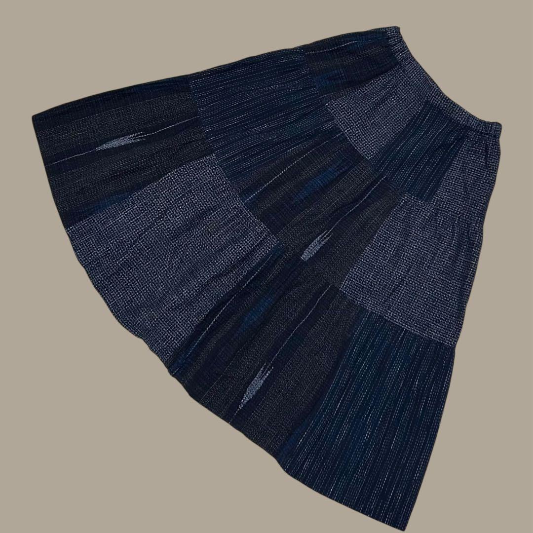 儀右ヱ門 久留米絣 フレアスカート パッチワーク ネイビー ひざ丈 美品