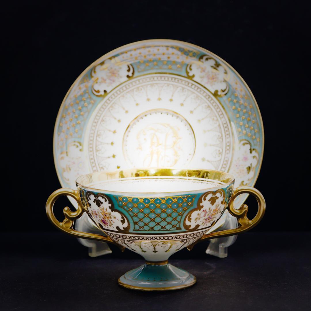 ドレスデン磁器 ドナー工房 モノグラム＆ターコイズ ブイヨンカップ＆ソーサー