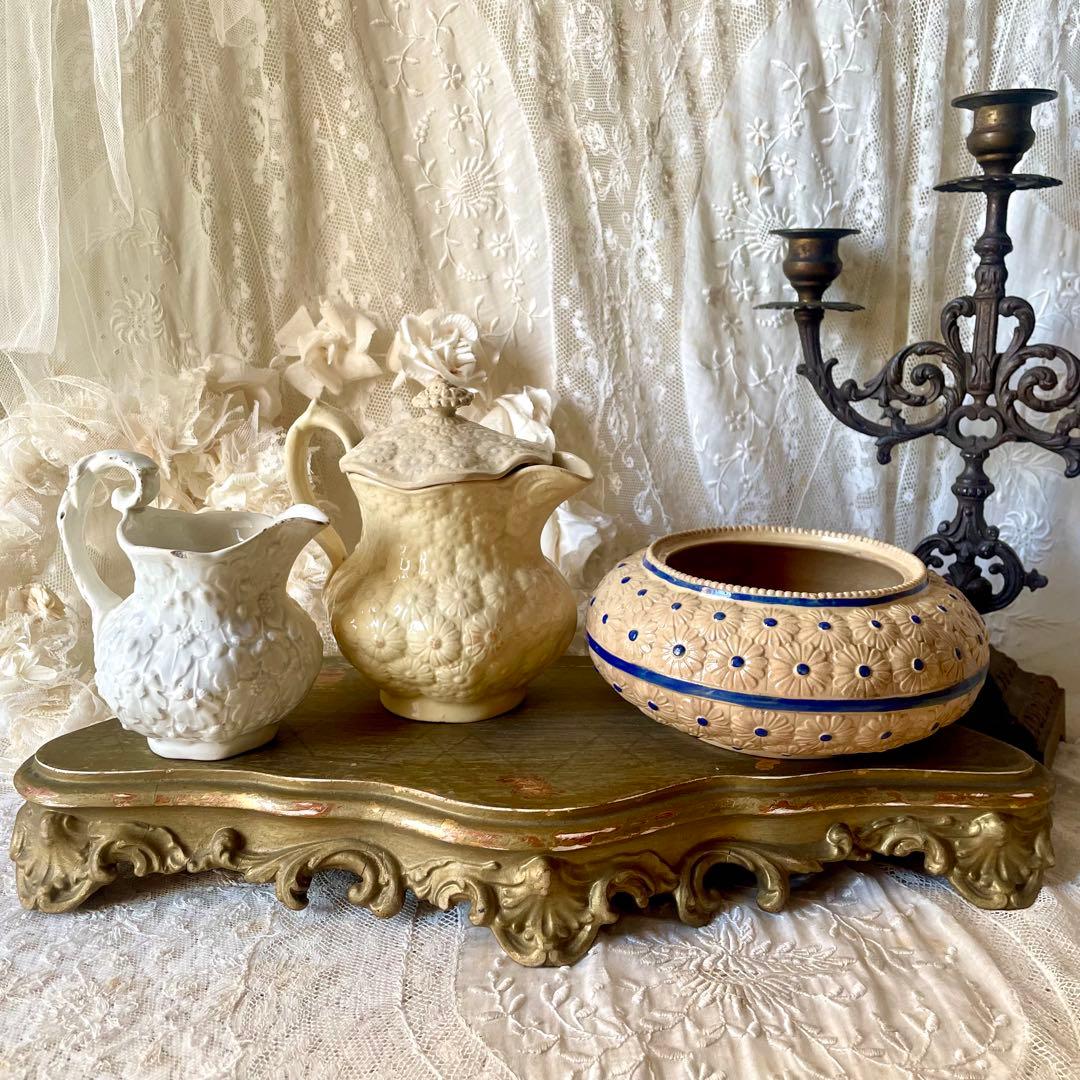 【希少】マーガレットレリーフ蓋付きピシェ ボルドー窯　フランスアンティーク