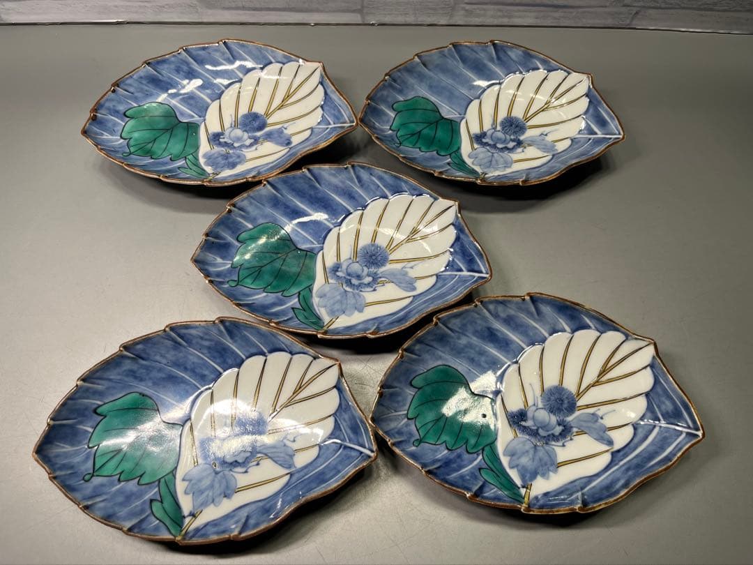 時代　二重角福　柿右衛門手　色絵　変形皿　五枚　 逸品です！