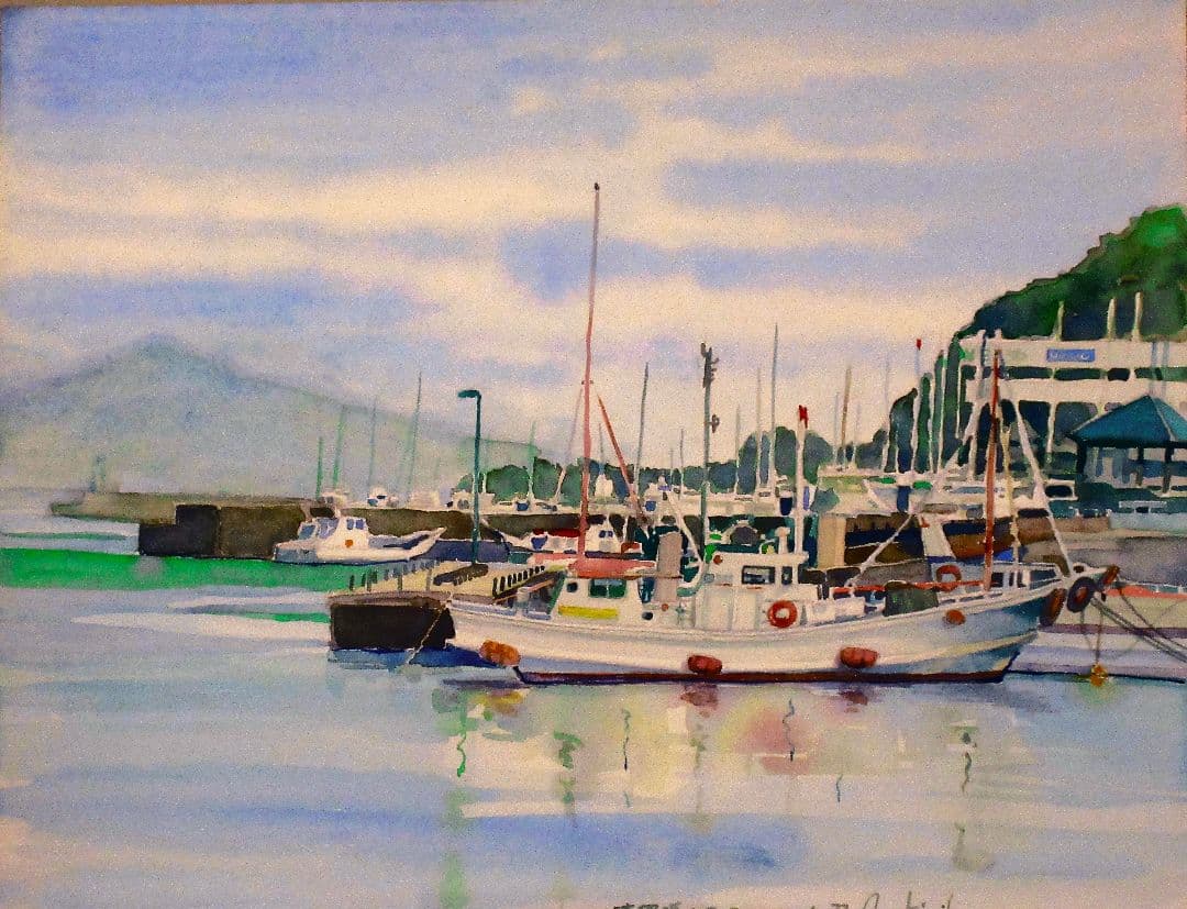 浦賀港の風景 水彩画 額装済み