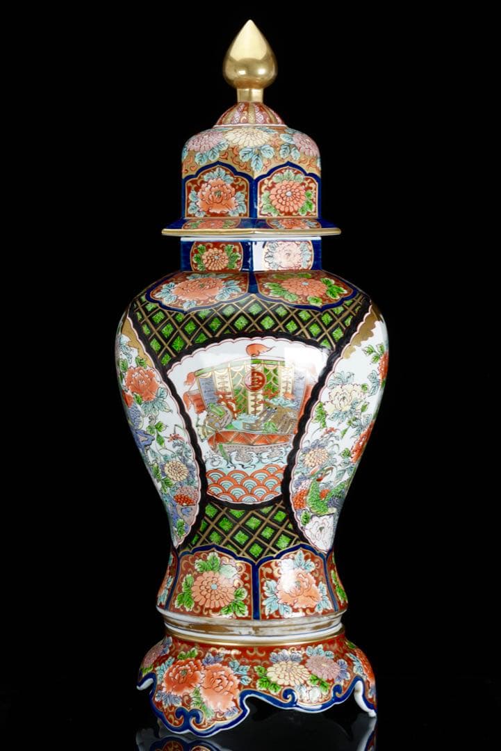 有田焼 龍右衛門 染錦窓絵花鳥図 沈香壺 飾壺 三段壺 特大85㎝ 骨董 古美術