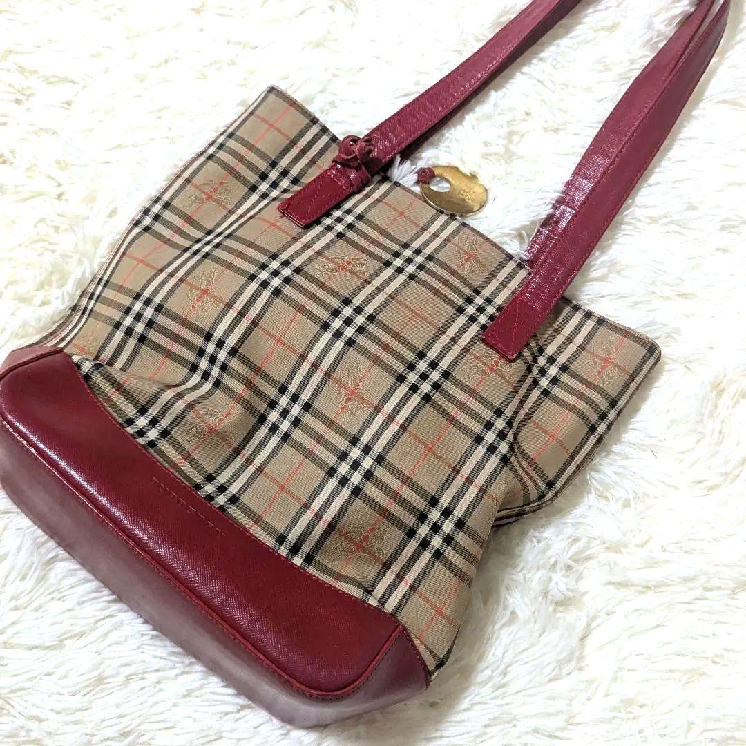 バーバリー　ノバチェック　キャンバス　レザー　ハンドバッグ　トートバッグ　赤