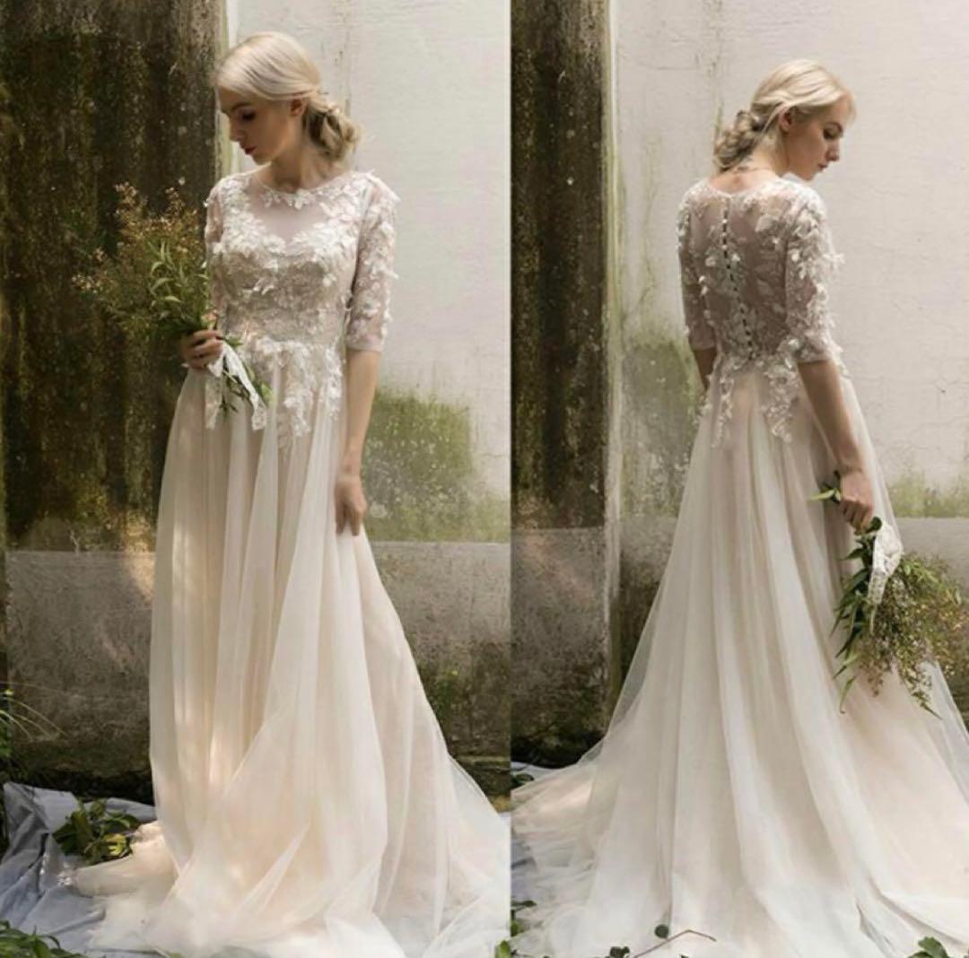 ウェディングドレス フラワーモチーフ刺繍長袖 Aライン