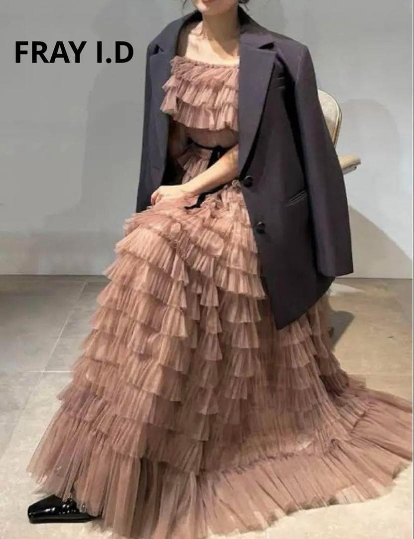 新品　FRAY I.D 2wayチュールフリルティアードドレス　ピンクベージュ