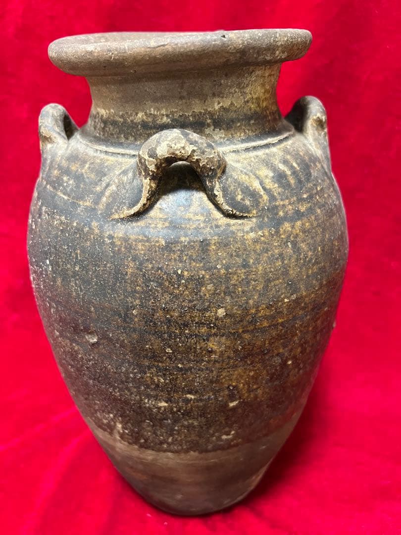 中国明朝青釉 四耳壺陶器 骨董品 時代物 高さ30cmx12cm整理品現状品のみ