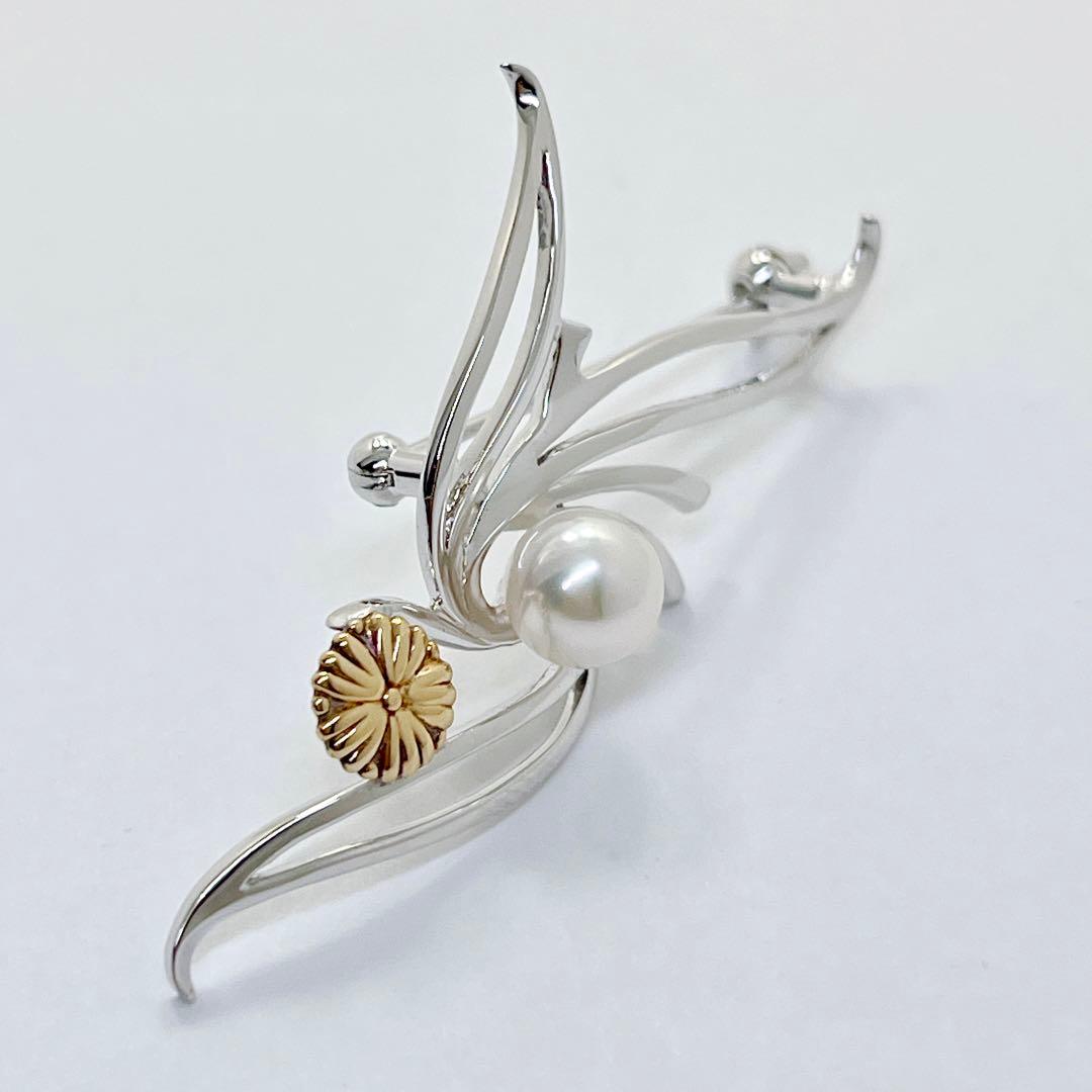 【未使用品】ミキモト パール　K18 菊紋　リーフ　ブローチ