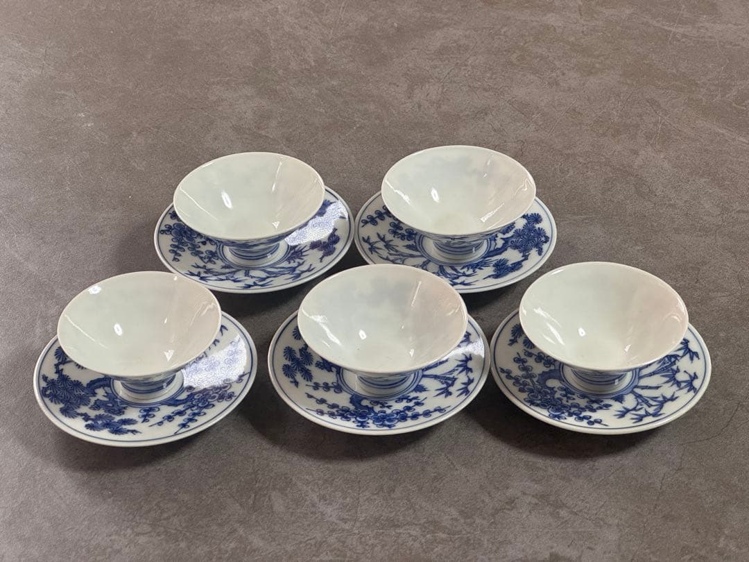 白磁染付　京焼　竹春造　盃セット