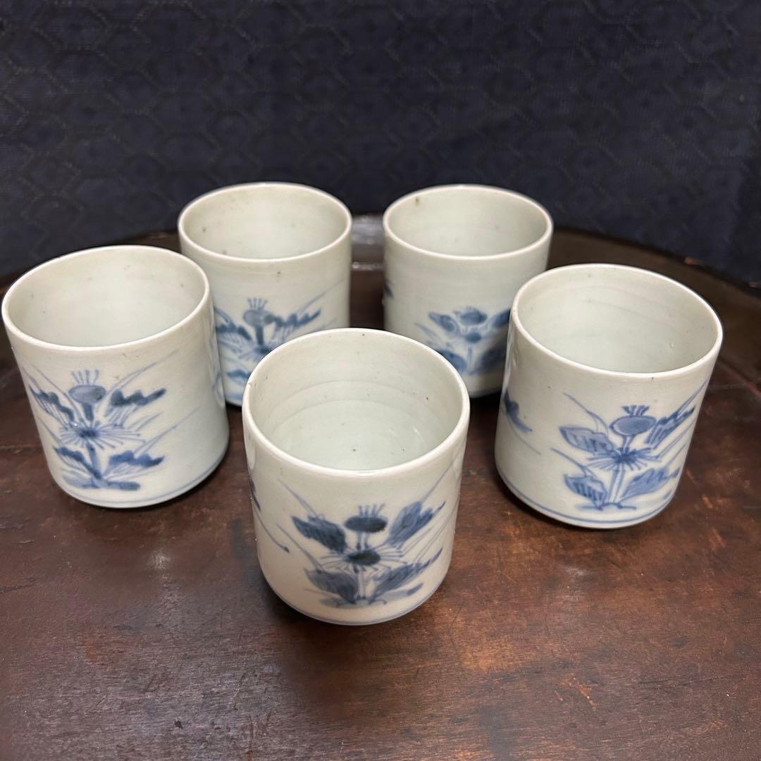 湯沢市の蔵出し品　江戸期　蝶と草花図覗き猪口　五客揃　無傷　本物保証