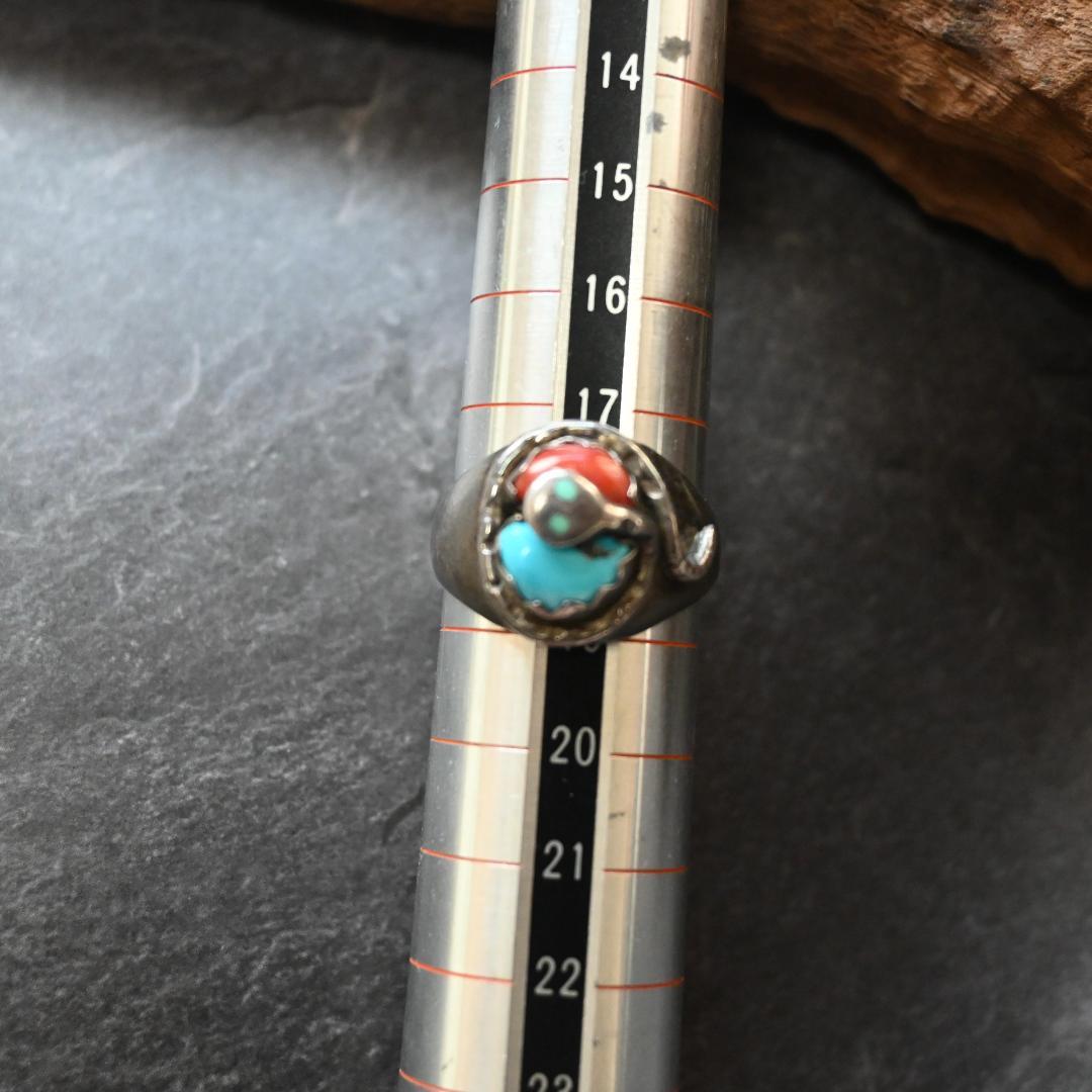 ズニ族 エフィー カラバサ ターコイズ リング コーラル　珊瑚 18号 zuni