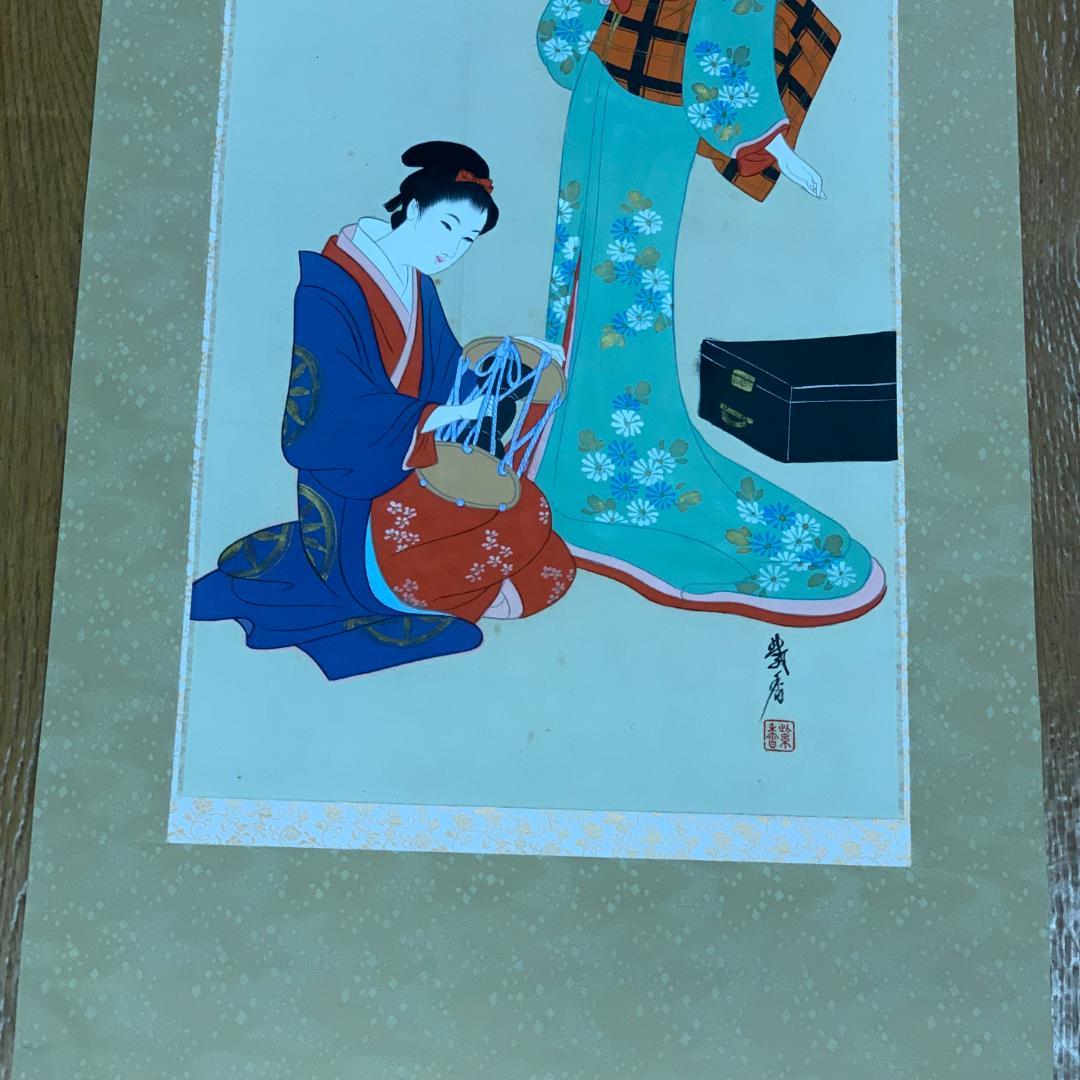 掛軸　美人画　泉紫香　共箱付き　着物姿　お稽古　茶道具　アンティーク