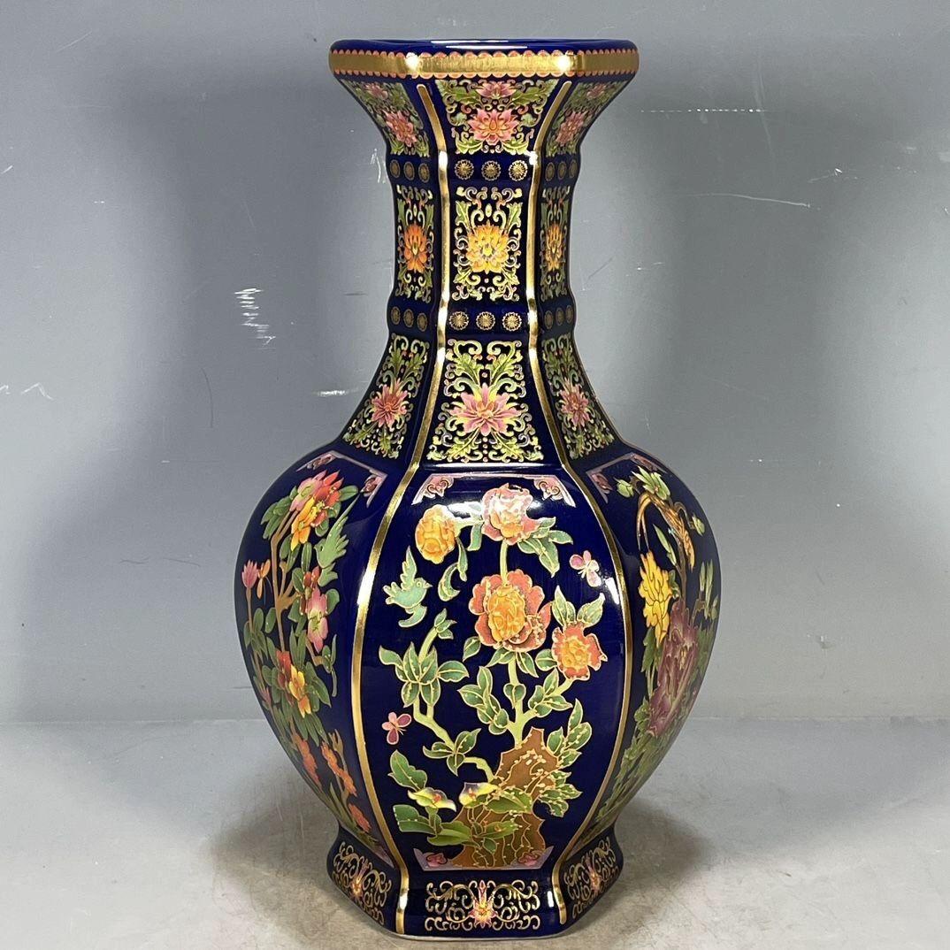 清乾隆琺瑯彩花卉図紋六稜賞瓶 景徳鎮 陶磁器 装飾品 現代工芸品 美術品 置物