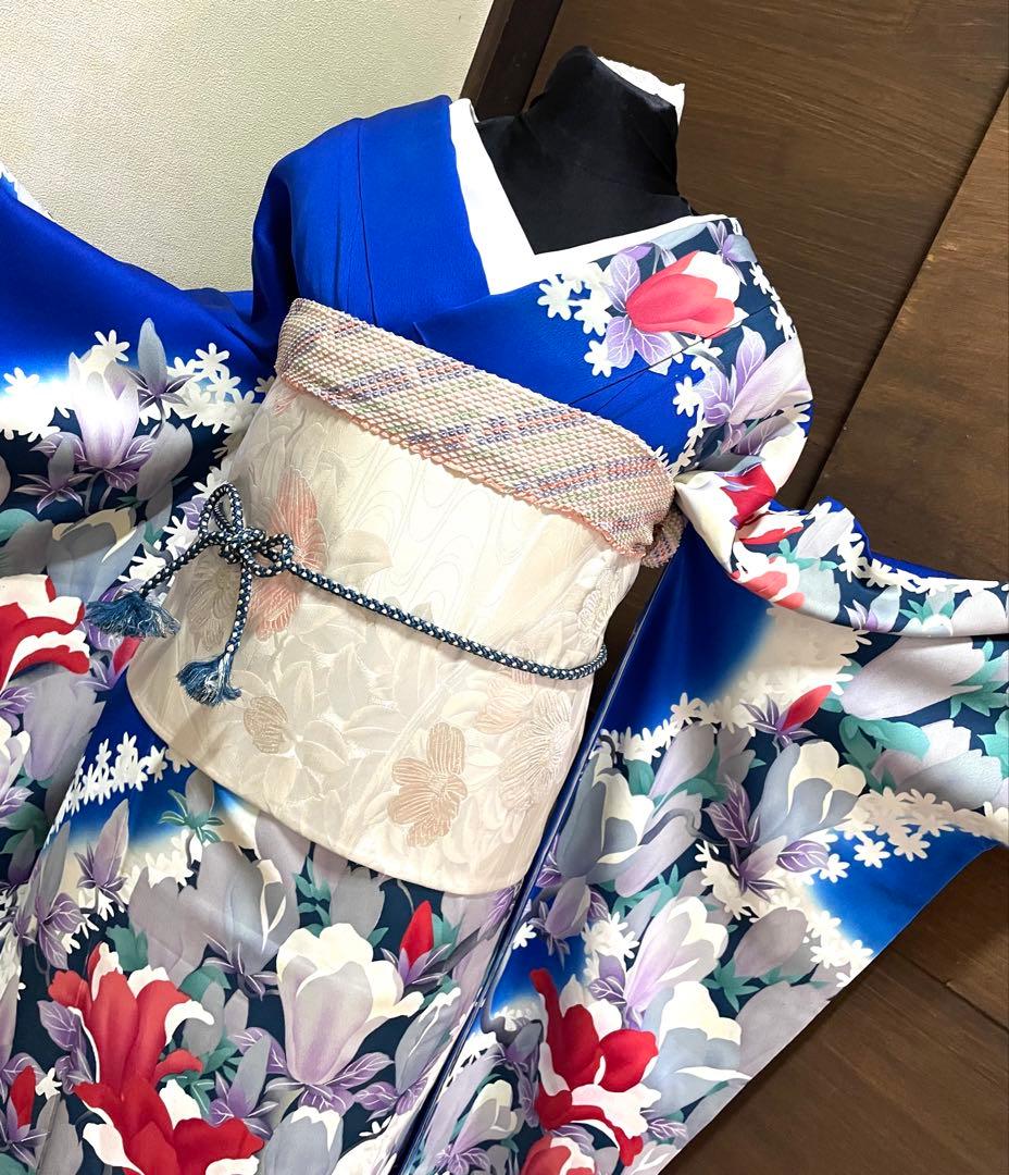 振袖 フルセット6点サイズM〜Ｌ草花文　暈し染め　正絹