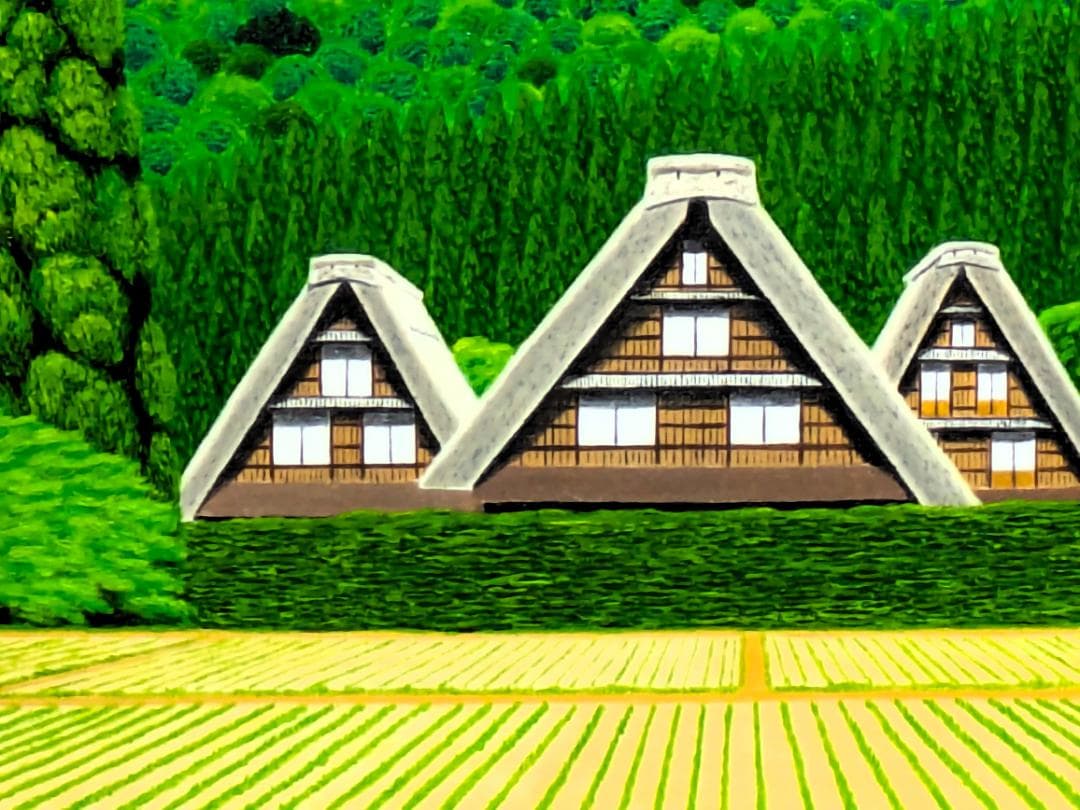 ★春の白川郷・肉筆油彩画・F6キャンバス