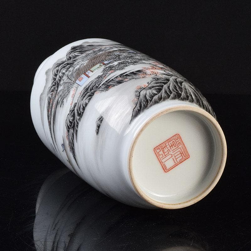 中国　居仁堂製款　山水人物文　盤口瓶　V　R9257