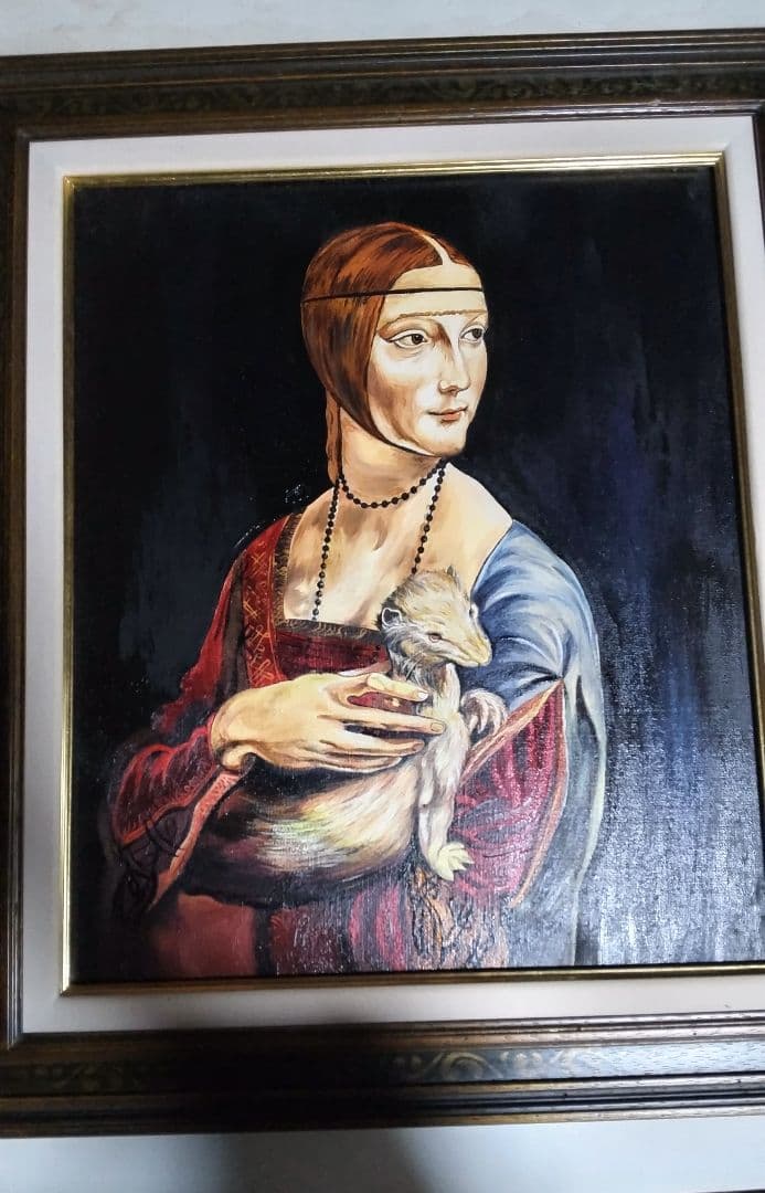 絵画、油彩、8号レオナルド・ダ・ヴィンチ白貂を抱く貴婦人、高級額縁、肉筆。