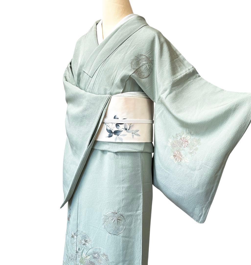 A143愛華 着物 付け下げ袷刺繍　スワト　錆青磁　フォーマル　身丈162cm