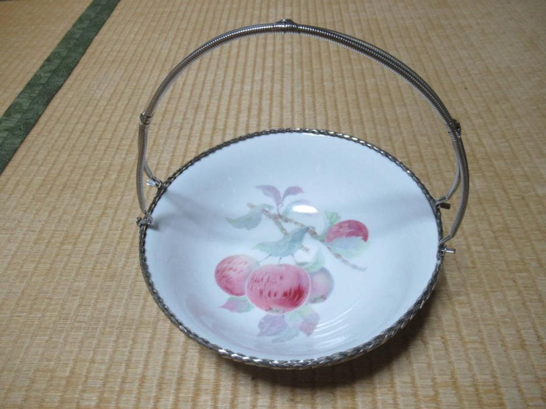 ◆美品 昭和初期◆名古屋製陶 名陶硬質陶器 リンゴ果物絵 金属編み手持ち付き大鉢