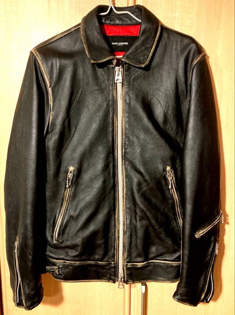 メンズ レザー シングルライダースジャケット 黒 赤裏地