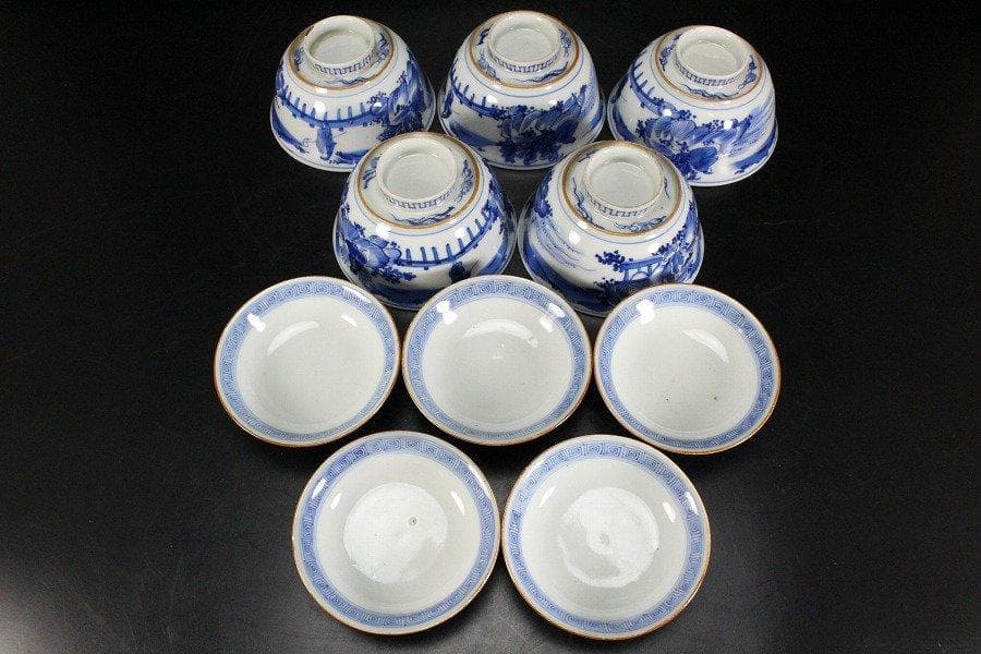 中国美術 倣古 青花 山水人物紋 蓋碗 祥瑞 五件 φ10.5cm 旧家蔵出