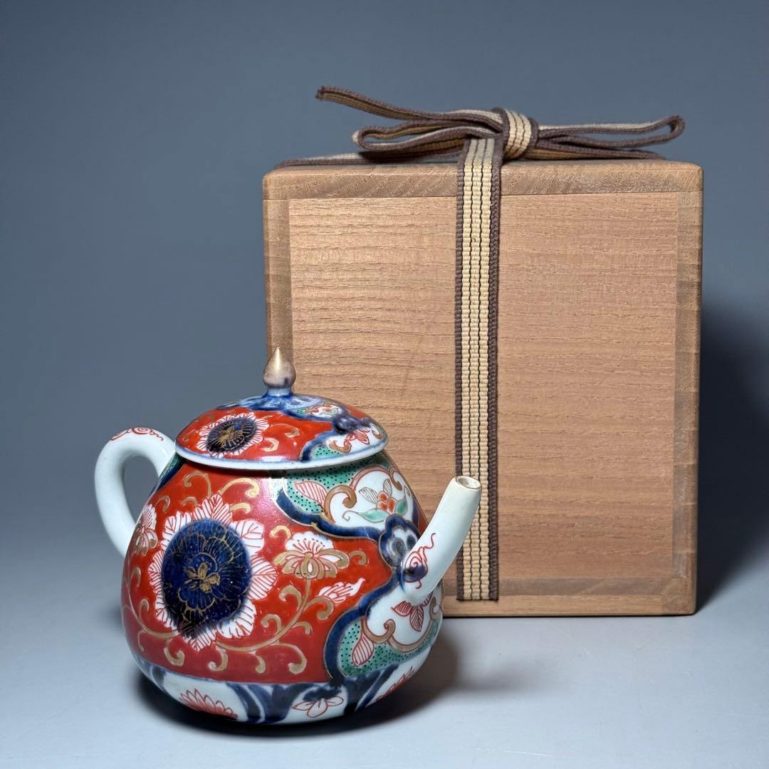 古伊万里　赤絵草花文様急須　アンティーク　ティーポット　桐箱付　江戸後期　大聖寺