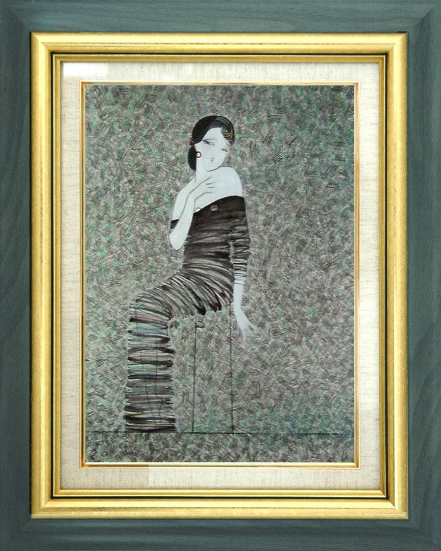 油絵 菅家令子 絵 絵画インテリア額付(青緑＋金色の枠) F6-92023 女性