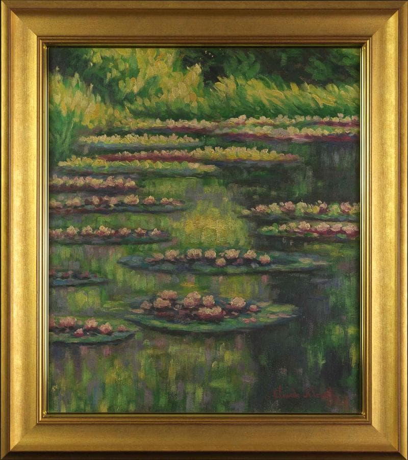 モネ　油彩　肉筆『蓮華』表サイン　ギャラリー証明書　F10号　額装　b602
