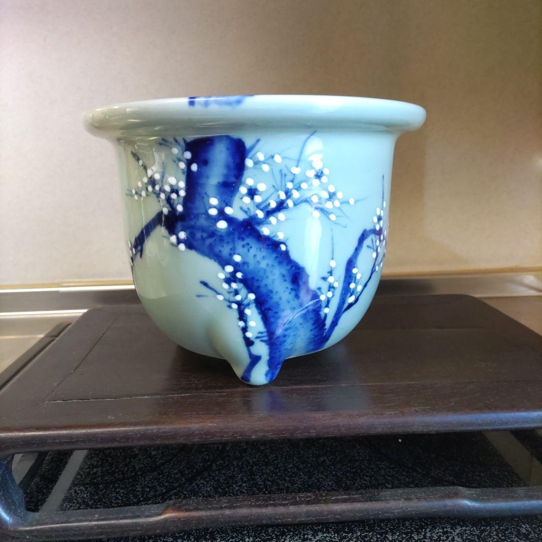 盆栽鉢、尾張焼、 瀬戸焼 、青磁、 染付 梅図 3本足、 蘭鉢 、植木鉢 、大型