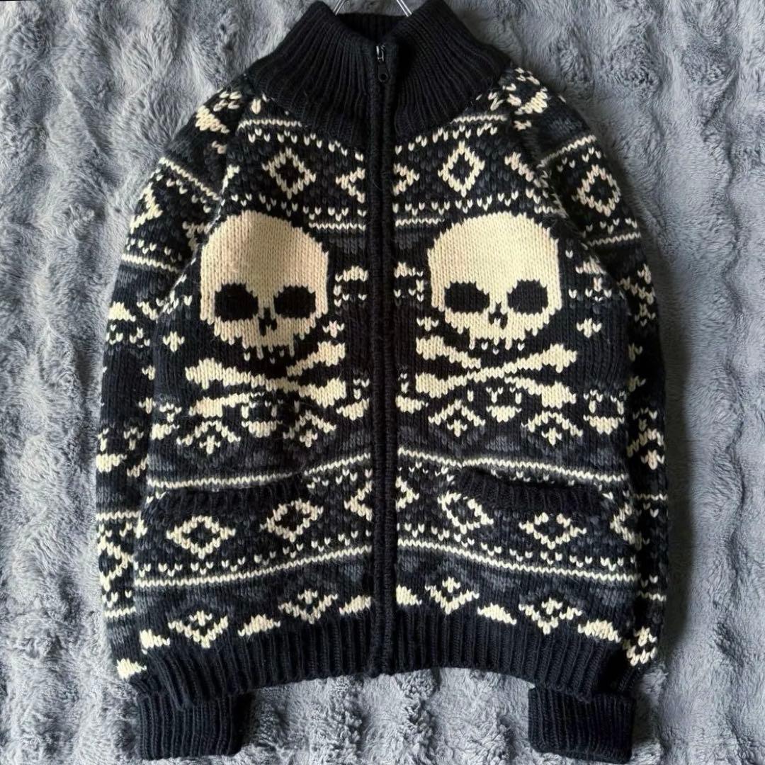 vanson カウチンニット ジップアップ スカル総柄 ノルディック XL 髑髏