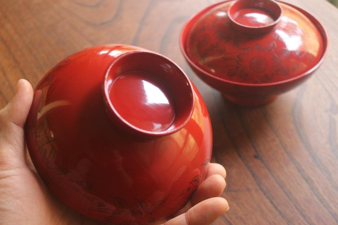 デッドストック！上質朱漆に極上沈黒桜文の映えるお椀2点（検輪島塗懐石椀雑煮椀