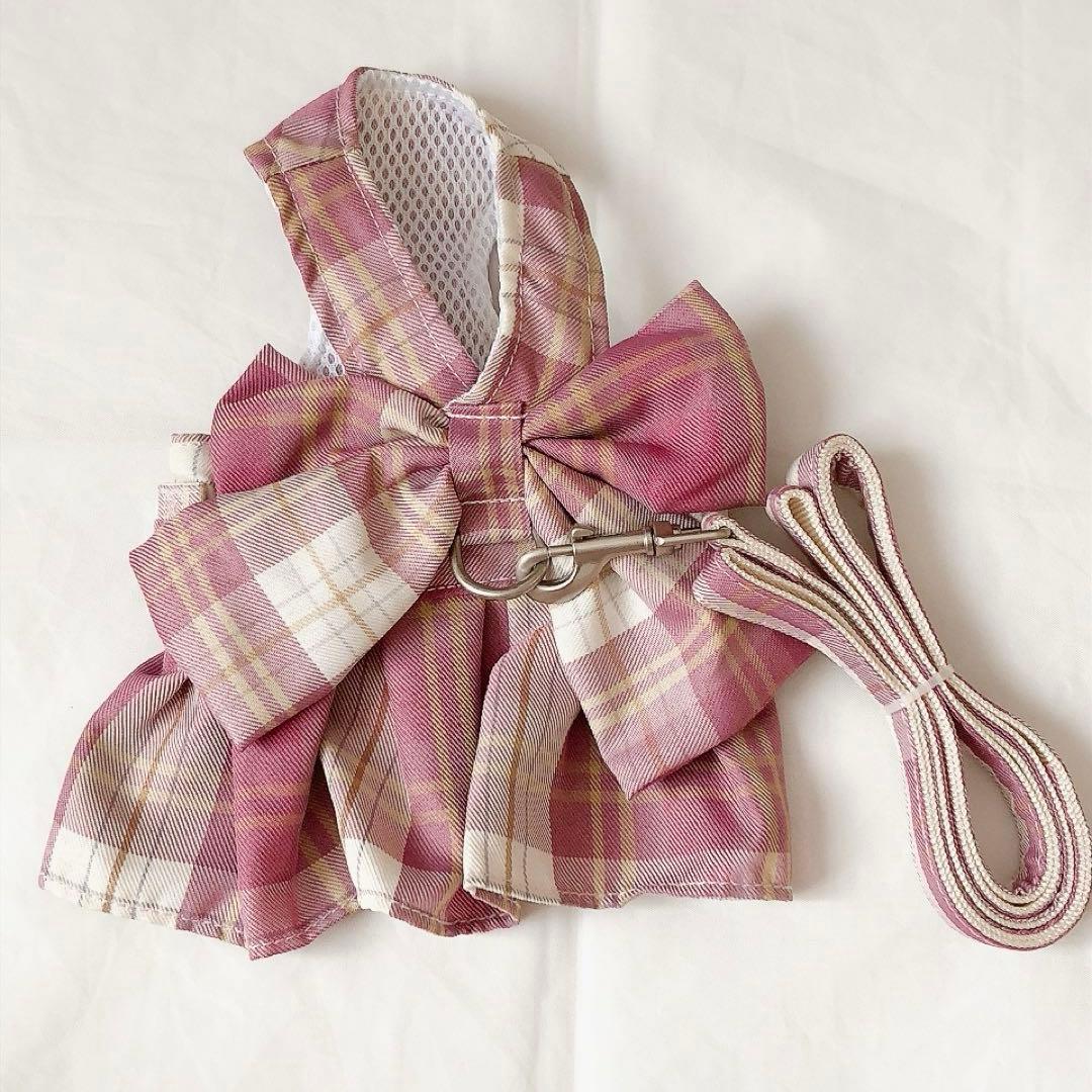 犬 ハーネス 猫 リード 可愛い チェック柄 おしゃれ 小型犬 XS ピンク