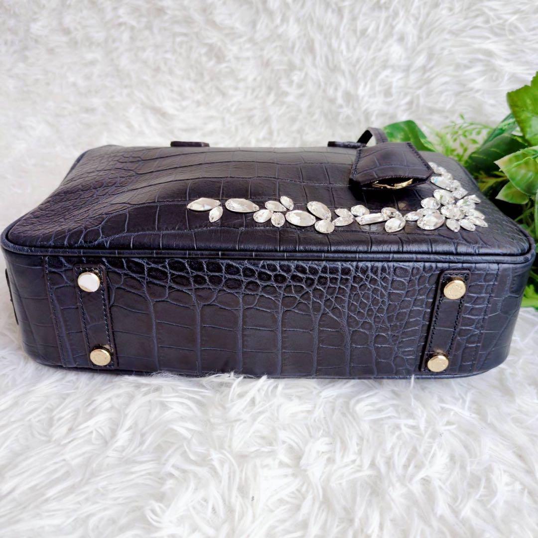 ◾︎極美品◾︎ A.D.M.J ハンドバッグ ミニボストン クロコ型押し ビジュー