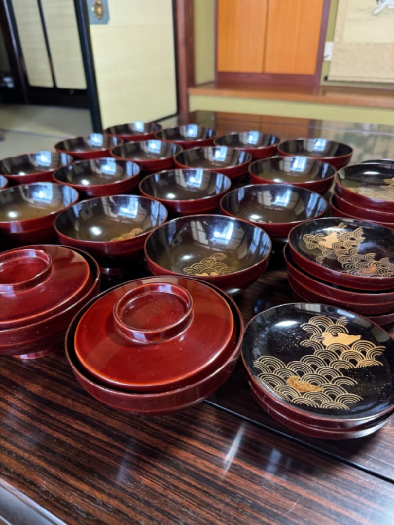 木曽漆器 吸物椀 二十客（蓋付き／江戸後期・手描