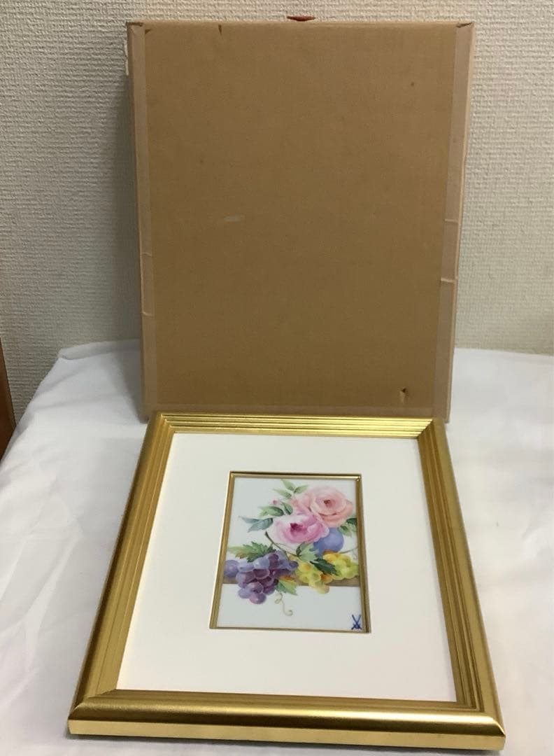 7795⑧マイセン　金色フレーム 陶板画 花と果物