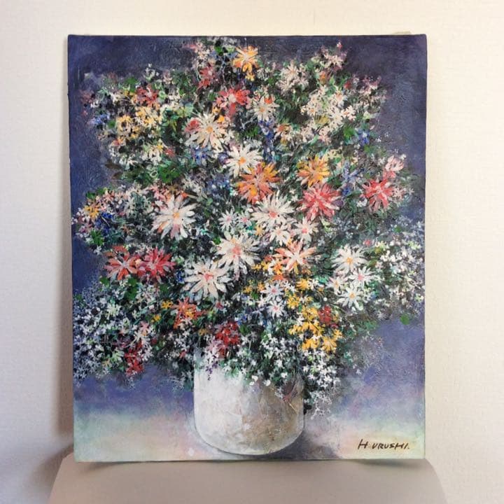 白い花瓶の花（アクリル画）