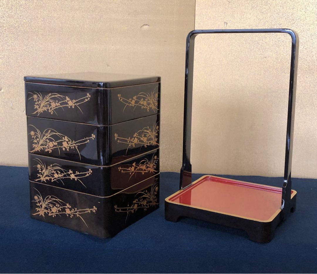 《レ》大正時代 草花蒔絵 提げ重 四段重 木製漆器 木箱　251117え2