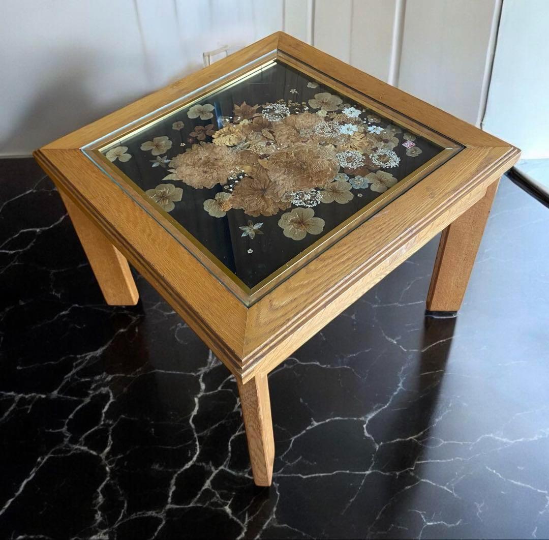 アンティーク★銘入りの押し花天板テーブル　美しい押し花作品を惜しげもなく天板に