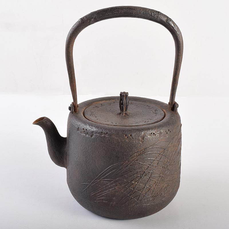 煎茶道具　南部鉄器　金澤雀州造　薄文　筒形　鉄瓶　鉄壷　D　R7726