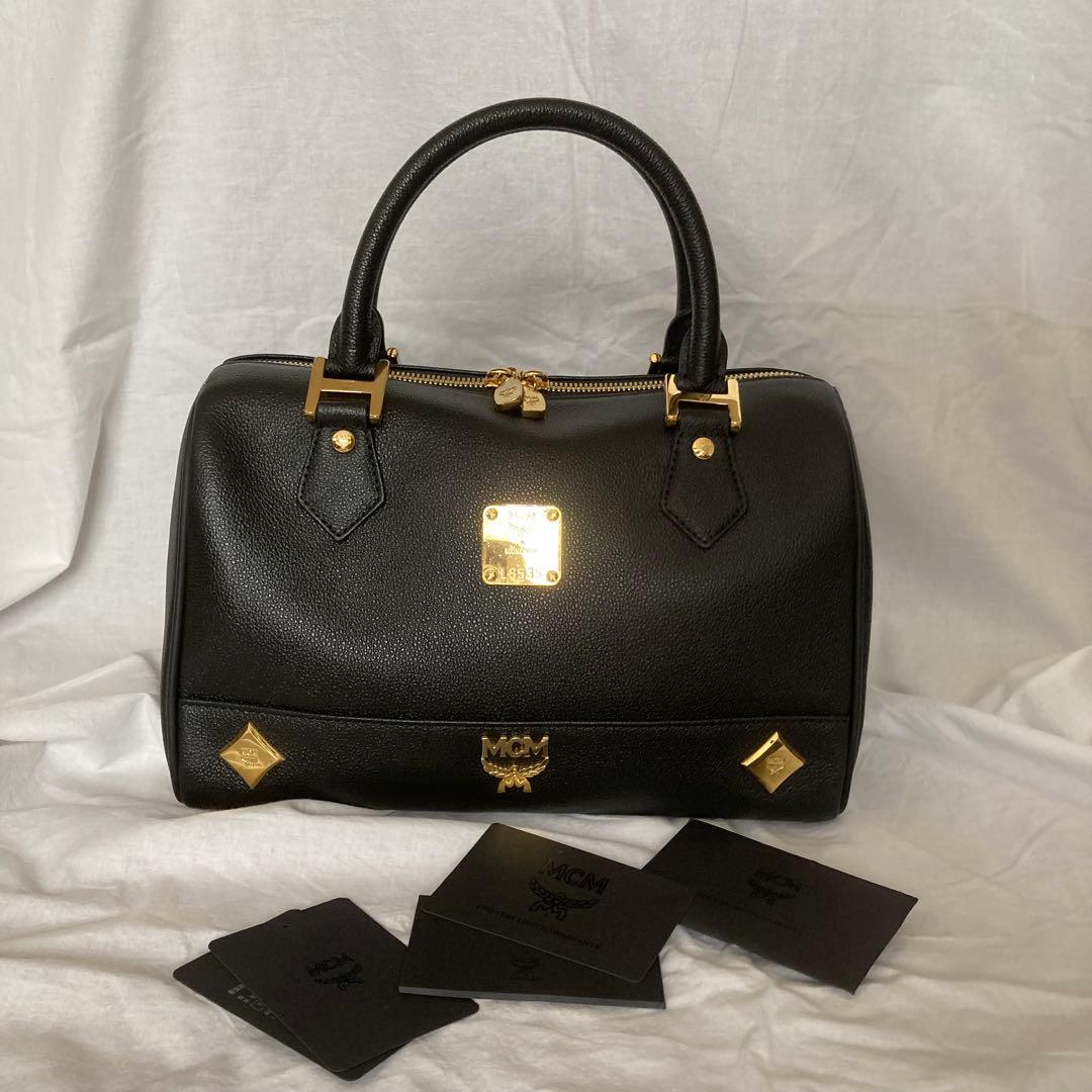 未使用品　MCM　ハンドバッグ　オールレザー　ロゴプレート　ボストン　保存袋付
