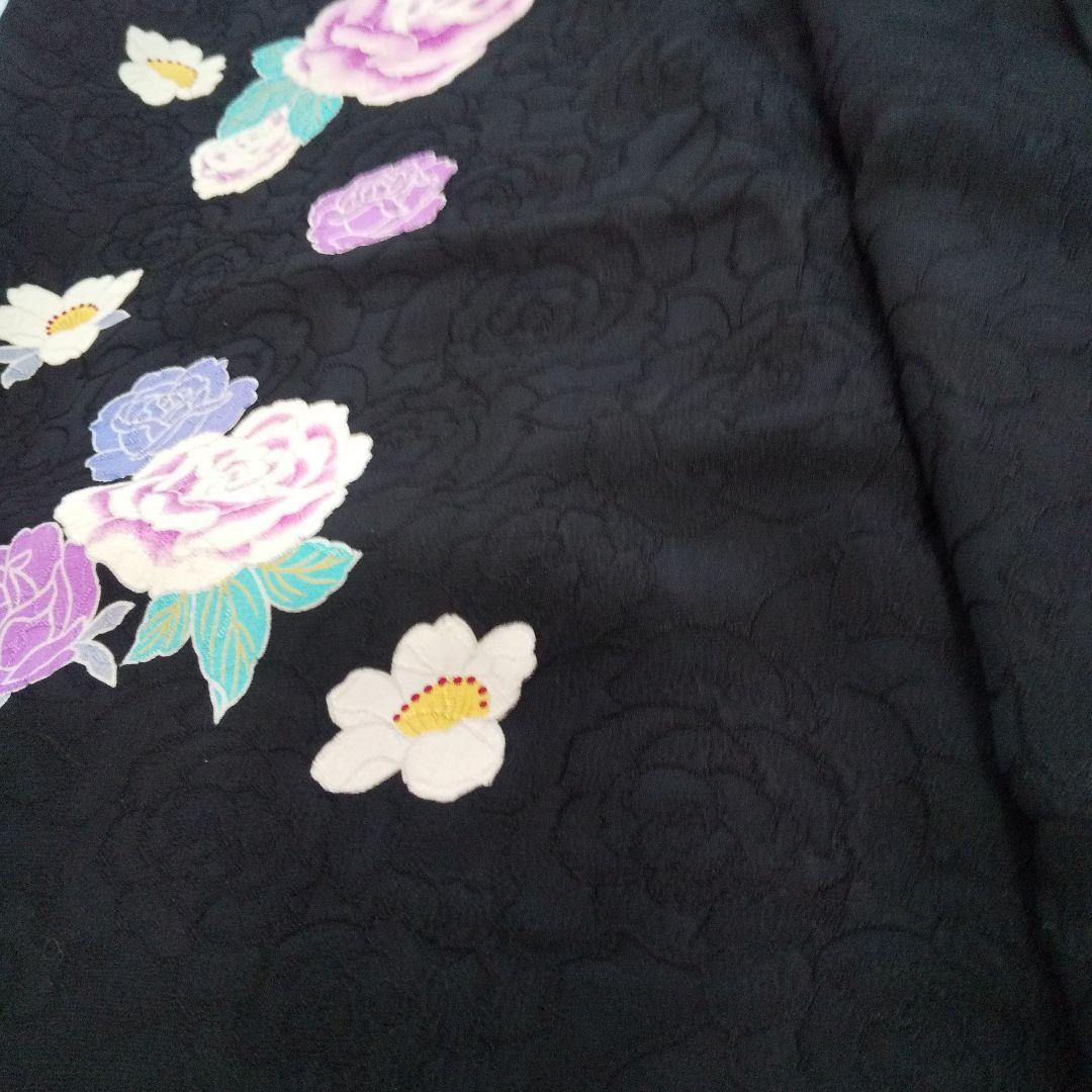 ++++黒紫薔薇正絹振袖一式フルセット袋帯帯締め帯揚げ半襟 重ね襟他成人式