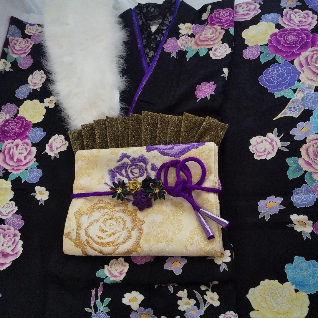 ++++黒紫薔薇正絹振袖一式フルセット袋帯帯締め帯揚げ半襟 重ね襟他成人式