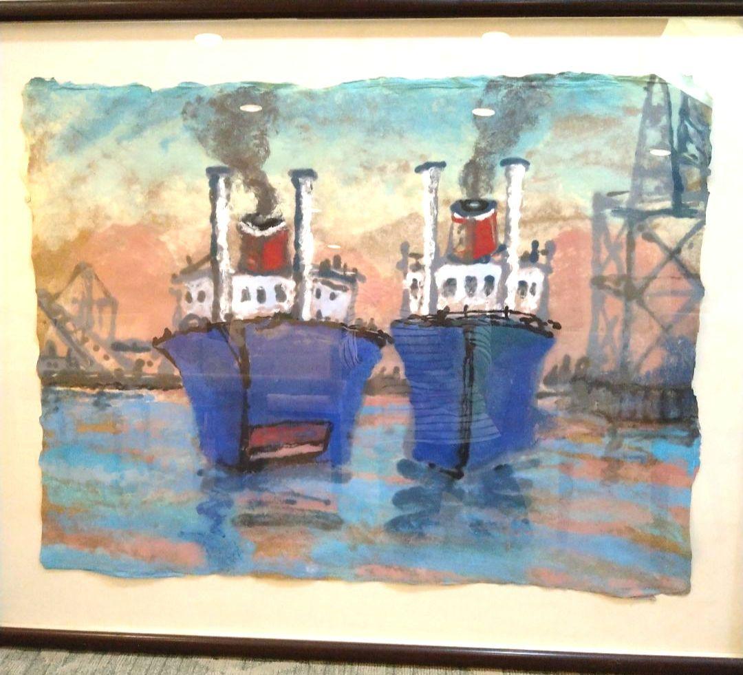 印象派風 水彩画 船の港の風景