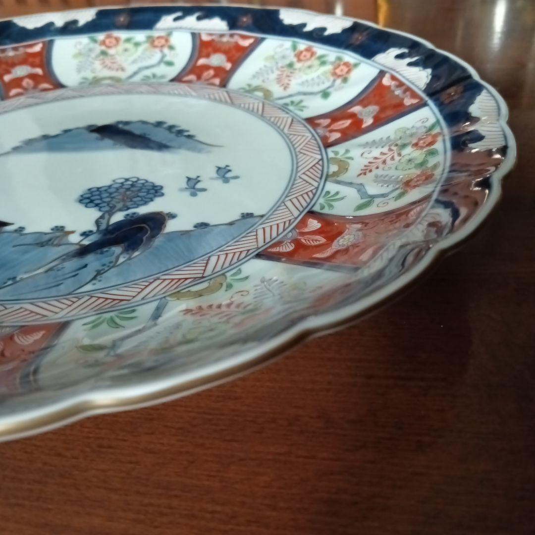 高級 色鍋島焼 瀬兵窯 肥前伊万里 藤花山水絵 飾り皿 金彩 直径約33cm