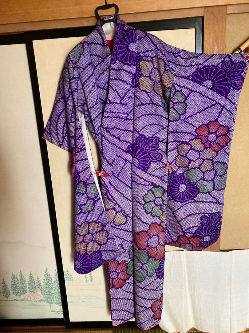 紫絞りの正絹振袖、レトロ、