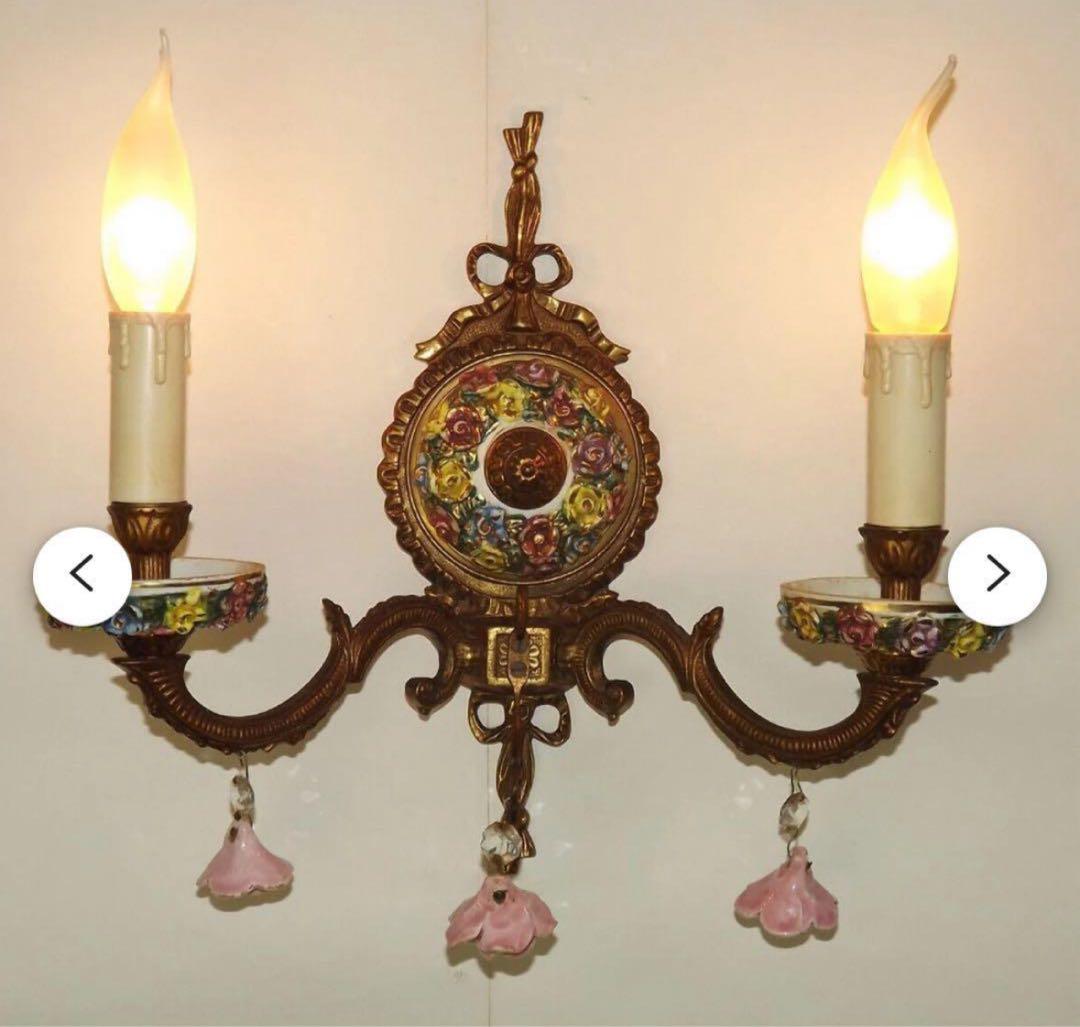 ヴィンテージ スペイン カポディモンテ ダブル ウォールライトピンクのバラ 照明