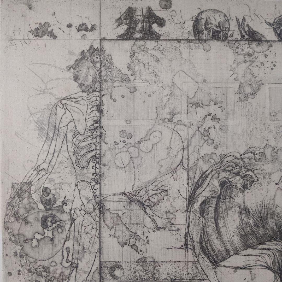 多賀新　銅版画『W45 不毛な両性』直筆サイン入　桐製額装　ウコン布&共箱付