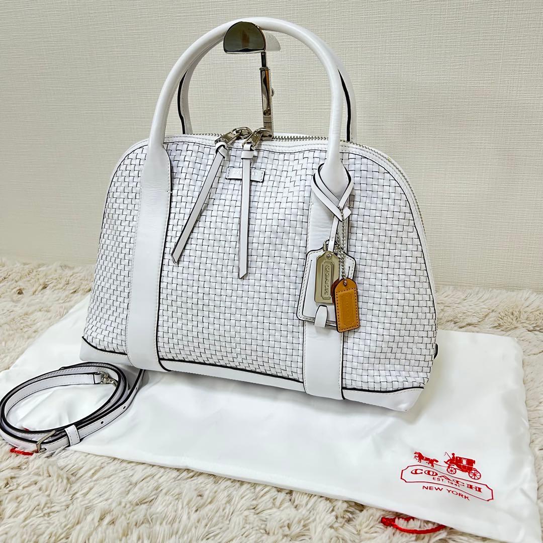 上品 COACH レザー ハンドバッグ ショルダー 2way 編み込み ホワイト